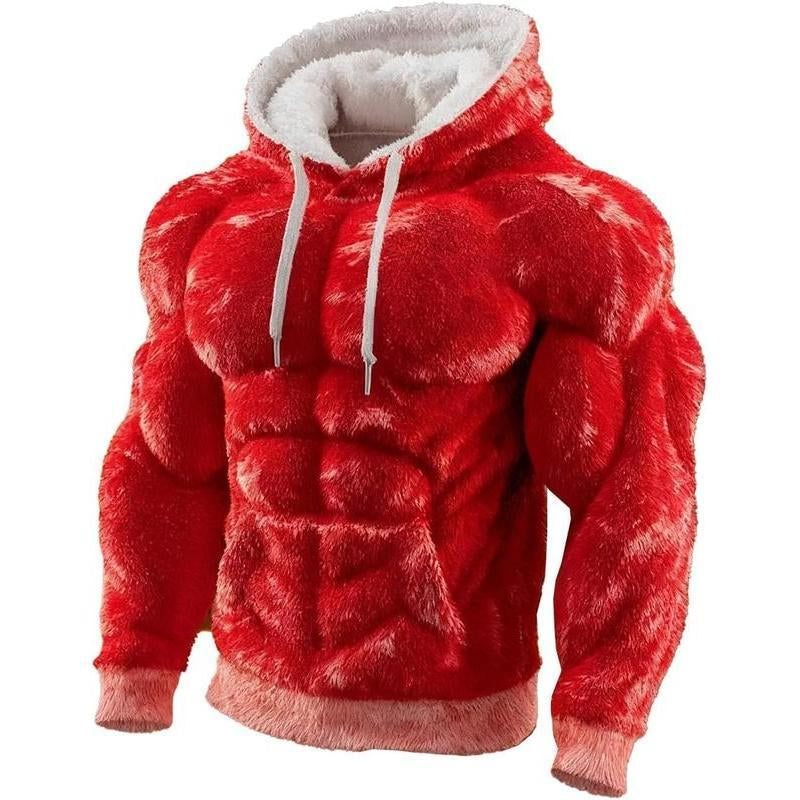 Men’s Muscle Hoodie – Vintage Line Art Street Style Warm Fuzzy Sweatshirt