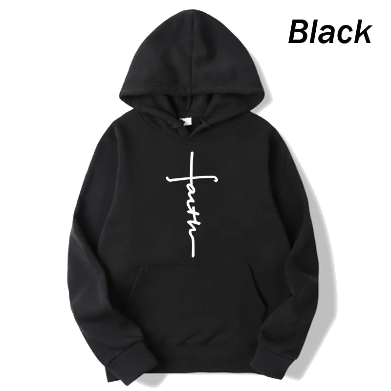 Unisex Fashionable Faith Print Fleece Hoodie - Crew Neck Sports Sweatshirt for Men and Women