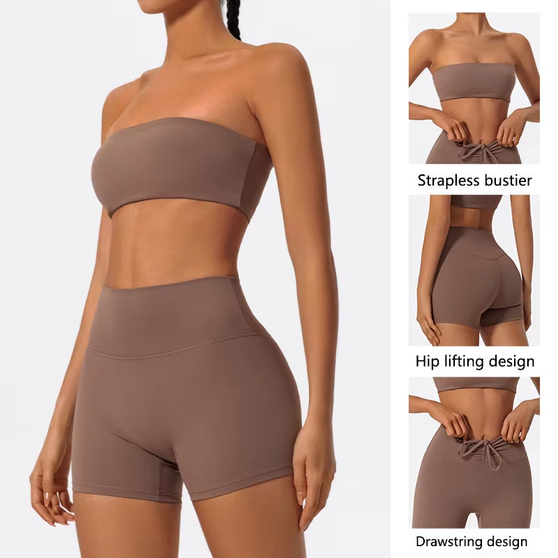  Women’s 2-Piece Fitness Set – Strapless Top + Leggings for Yoga & Workout