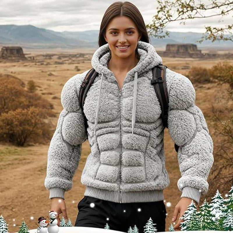 Men’s Muscle Hoodie – Vintage Line Art Street Style Warm Fuzzy Sweatshirt