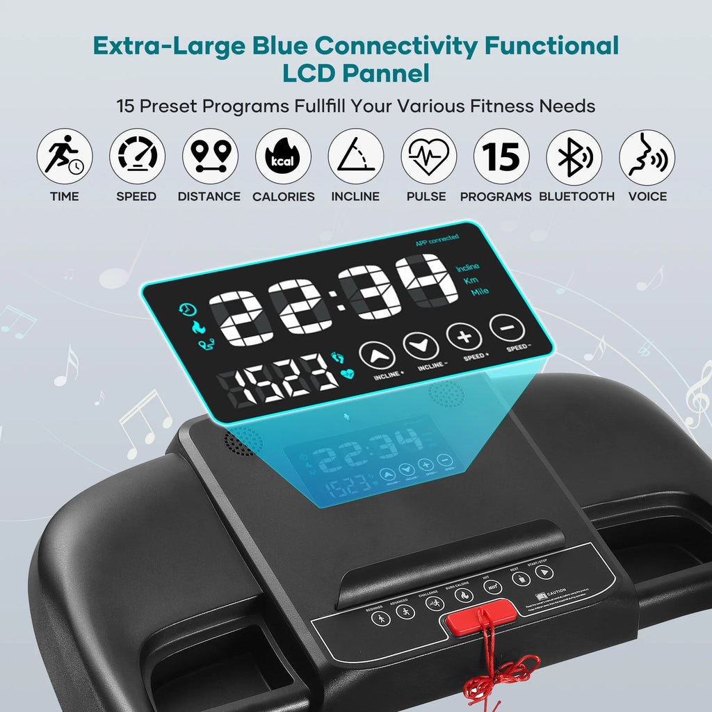 Naipotreadmill with Auto Incline Bluetooth Voice Control 17 in Wide Electric Treadmill Folding Machine 15 Level Auto 8.8 Mhp Speed for Home Use Gifts