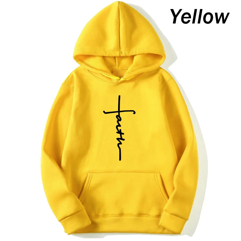 Unisex Fashionable Faith Print Fleece Hoodie - Crew Neck Sports Sweatshirt for Men and Women