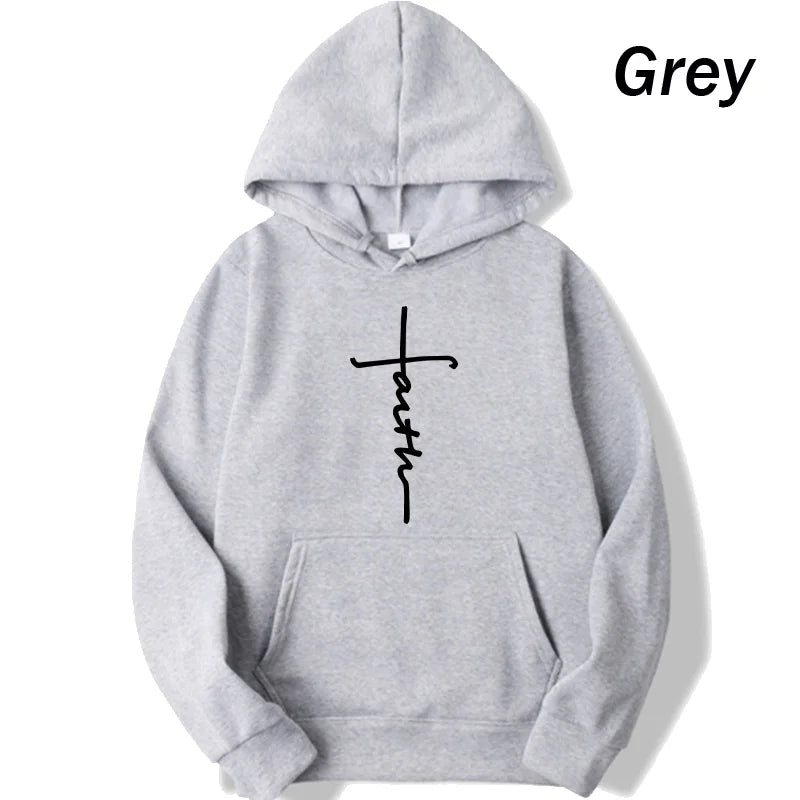 Unisex Fashionable Faith Print Fleece Hoodie - Crew Neck Sports Sweatshirt for Men and Women