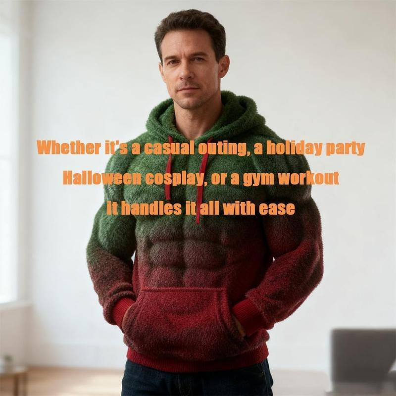 Men’s Muscle Hoodie – Vintage Line Art Street Style Warm Fuzzy Sweatshirt