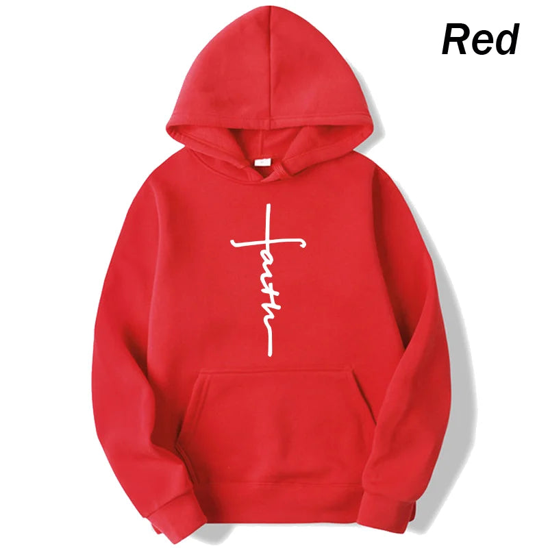 Unisex Fashionable Faith Print Fleece Hoodie - Crew Neck Sports Sweatshirt for Men and Women
