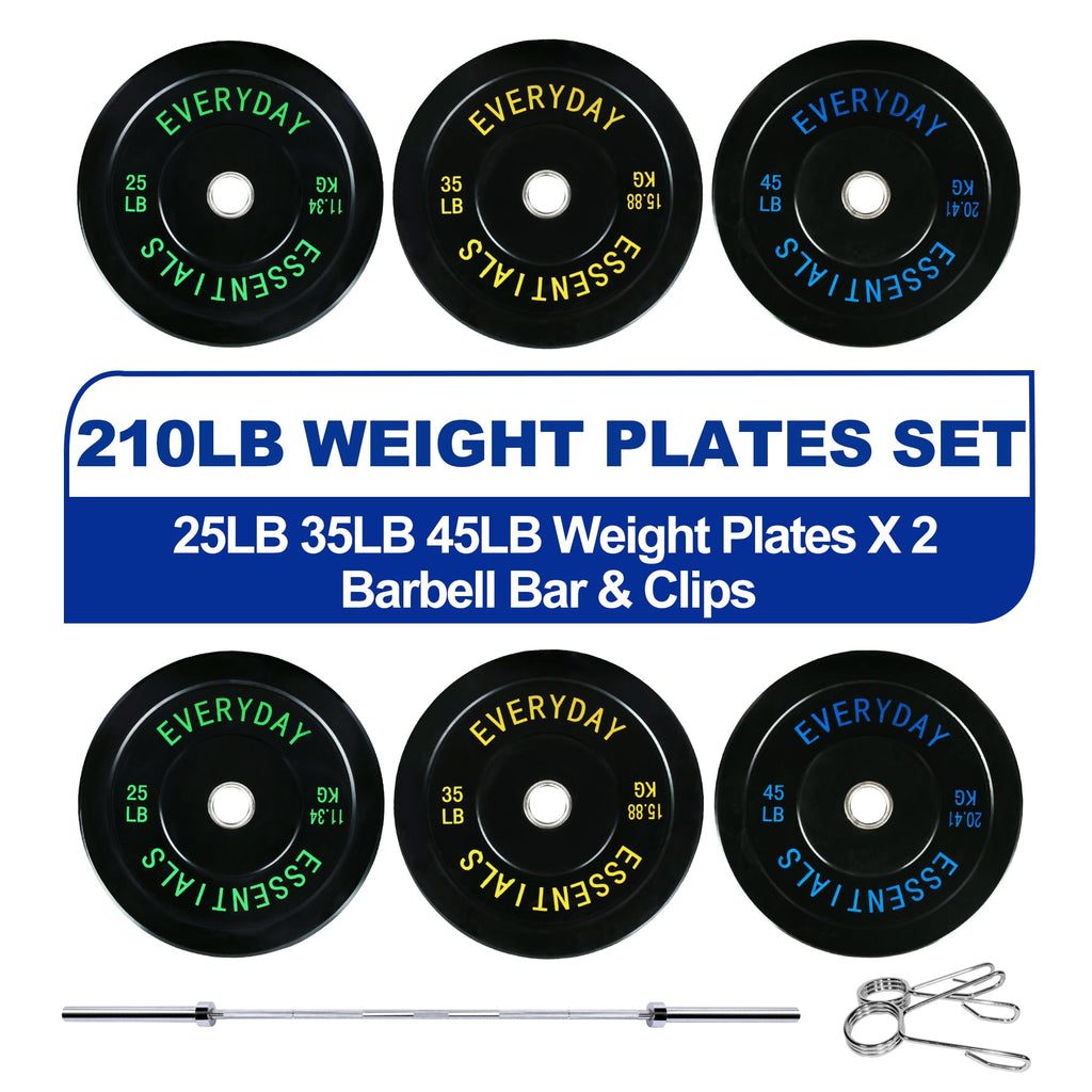 Olympic Bumper Plates Set 210 lb + Barbell – BalanceFrom/Juego de Placas Olímpicas 210 lb + Barra – BalanceFrom