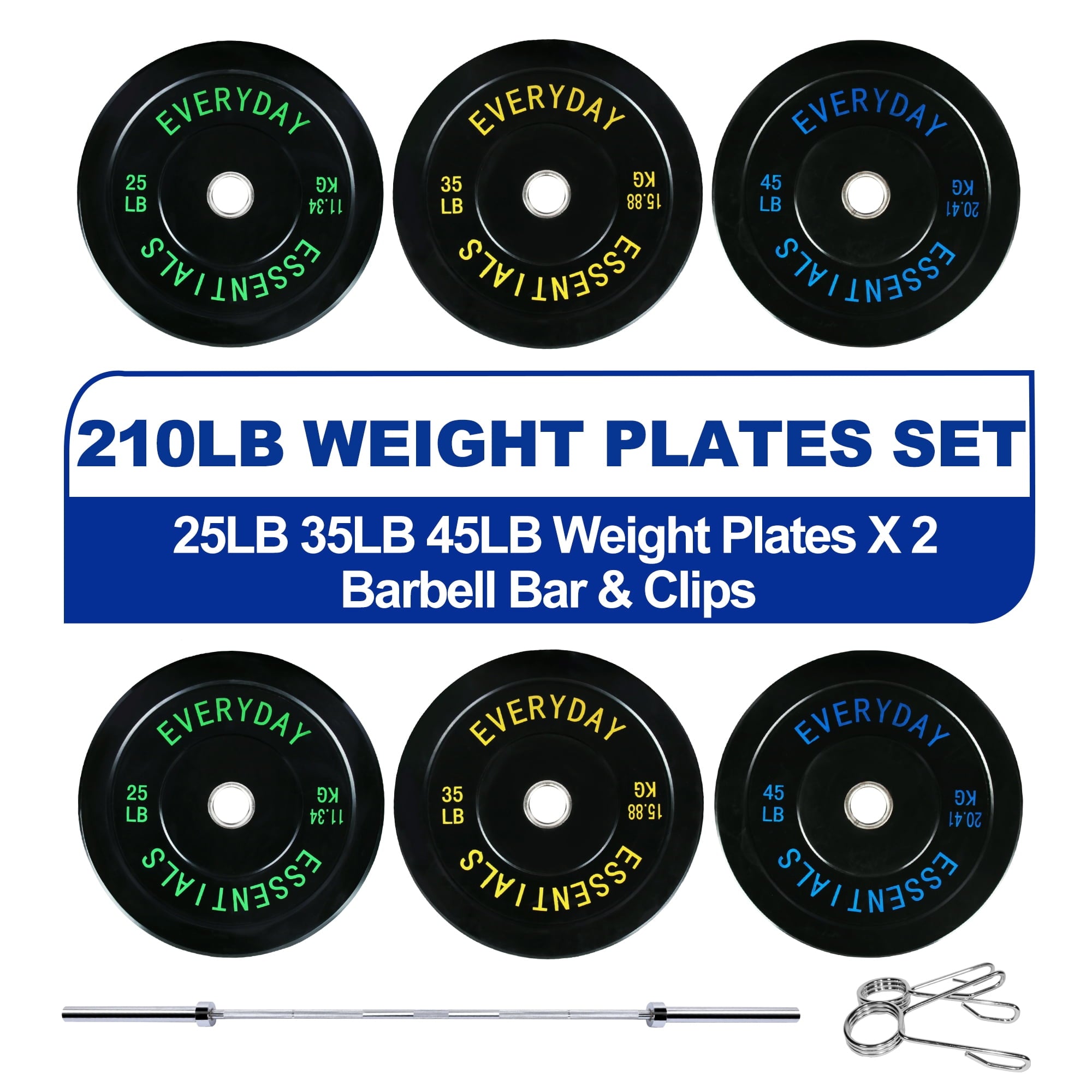 Olympic Bumper Plates Set 210 lb + Barbell – BalanceFrom/Juego de Placas Olímpicas 210 lb + Barra – BalanceFrom
