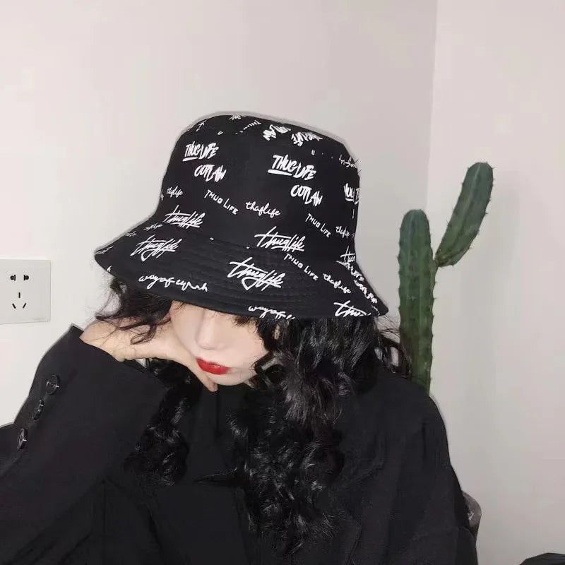 Reversible Wide Brim Bucket Hats for Men and Women - Japanese Graffiti Design Outdoor Sun Caps, Foldable Fisherman Hats