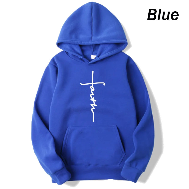 Unisex Fashionable Faith Print Fleece Hoodie - Crew Neck Sports Sweatshirt for Men and Women