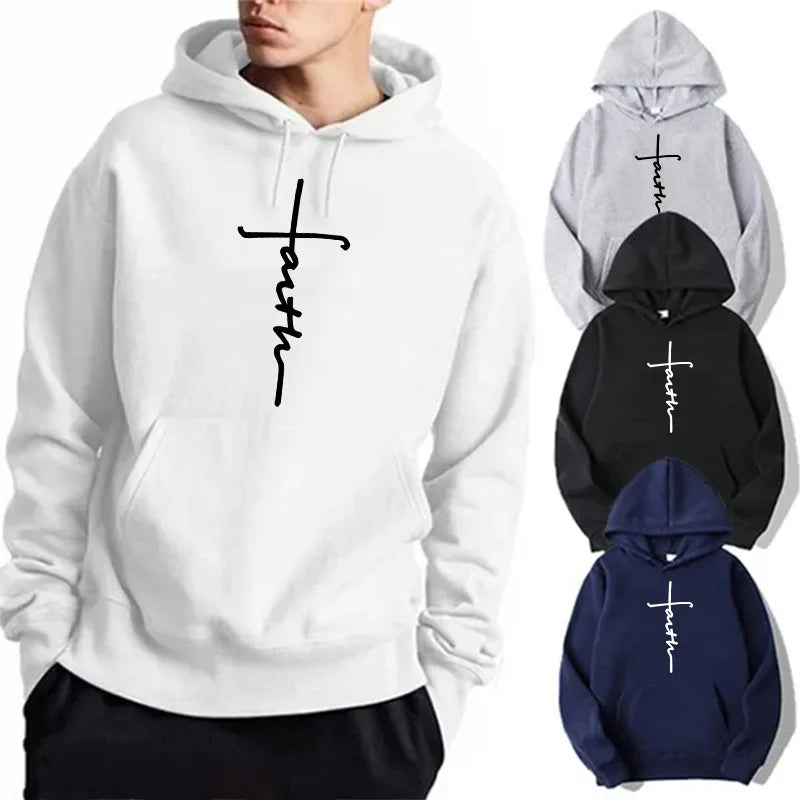 Unisex Fashionable Faith Print Fleece Hoodie - Crew Neck Sports Sweatshirt for Men and Women