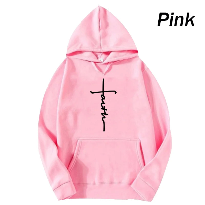 Unisex Fashionable Faith Print Fleece Hoodie - Crew Neck Sports Sweatshirt for Men and Women