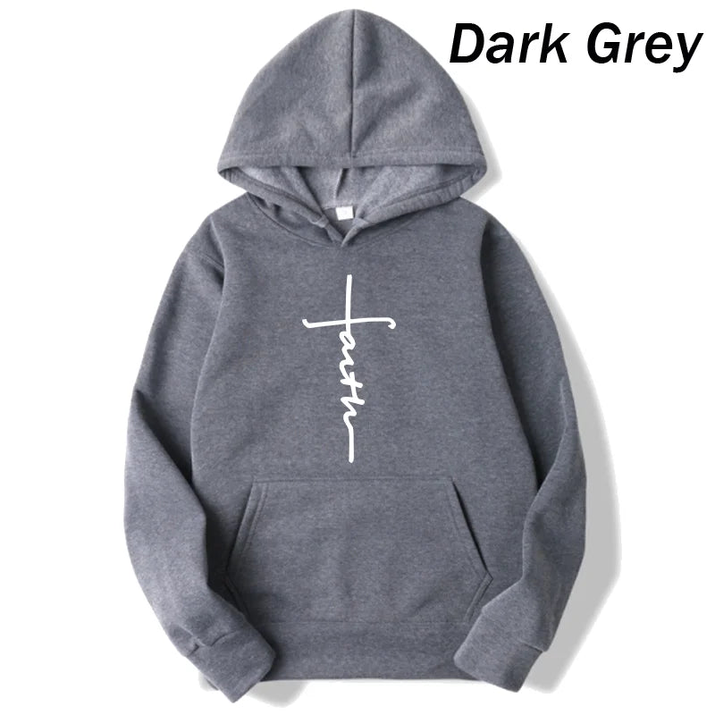 Unisex Fashionable Faith Print Fleece Hoodie - Crew Neck Sports Sweatshirt for Men and Women