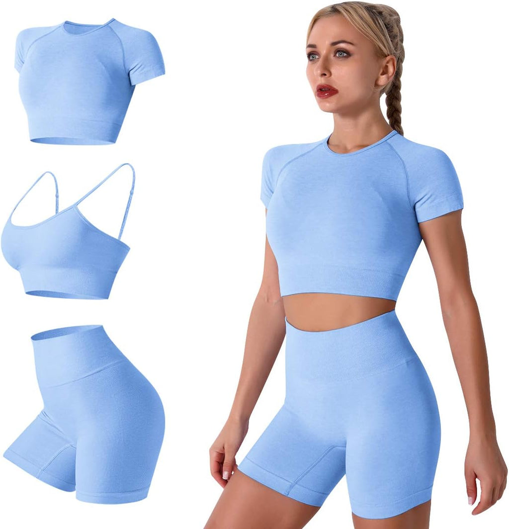 Seamless Women’s Yoga Set – Crop Top & Biker Shorts / Conjunto Deportivo Mujer sin Costuras – Top Corto y Shorts Biker