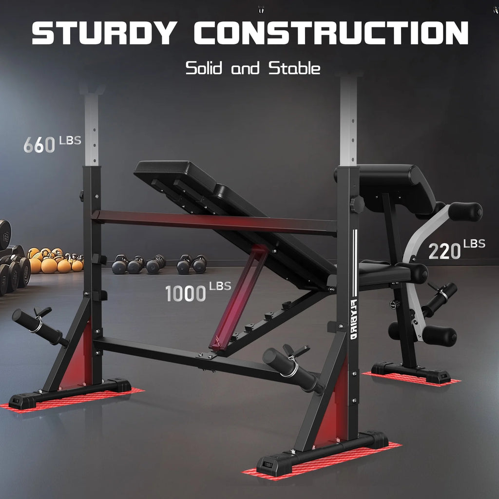 Olympic Weight Bench 1000 lbs – Adjustable Press with Rack, Leg Developer & Preacher Curl / Banco de Pesas Olímpico 1000 lb – Prensa Ajustable con Rack, Desarrollador de Piernas y Banco Scott